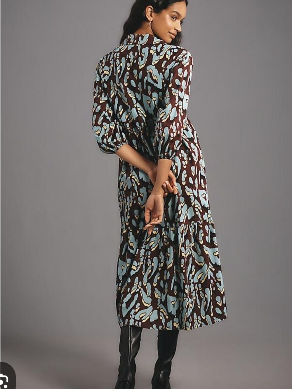 Women's Brown and Light Blue Printed Midi Dress. ((Cotton)))